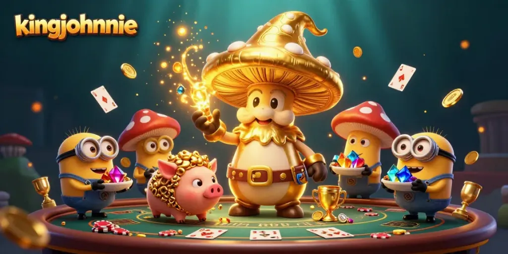 Experience kingjohnnie's thrilling blackjack game with a dynamic 3D cartoon scene featuring a golden wizard.