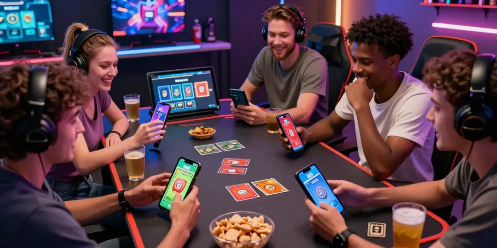 Friends enjoying a lively game of 3 Patti no1 on their devices, showcasing excitement and camaraderie in an engaging online gaming scene.