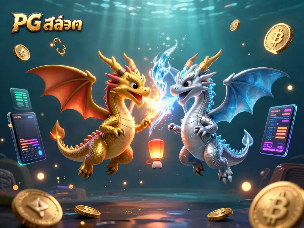 Experience thrilling PG สล็อต action with golden and silver dragons battling amid cryptocurrency elements.