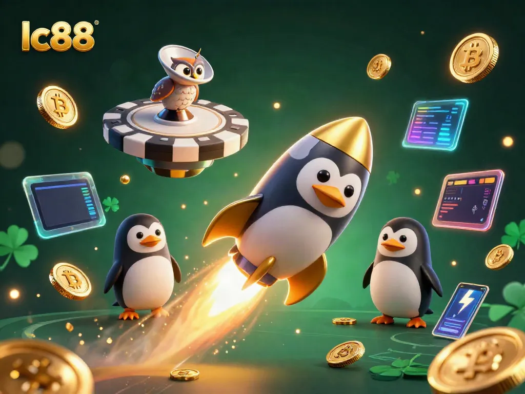 Experience the thrilling adventure of lc88 in a vibrant 3D casino-themed scene with a golden penguin and digital currencies.