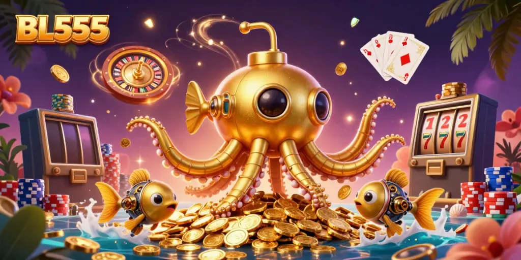 Engage with BL555's thrilling gaming experience, featuring the golden kraken submarine and mechanical fish.