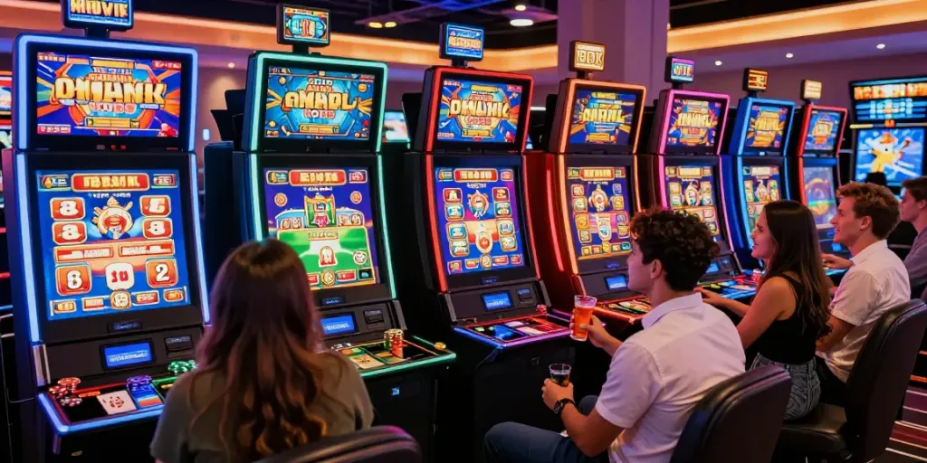 Friends enjoying gameplay at amex casinos featuring vibrant slots and engaging atmosphere