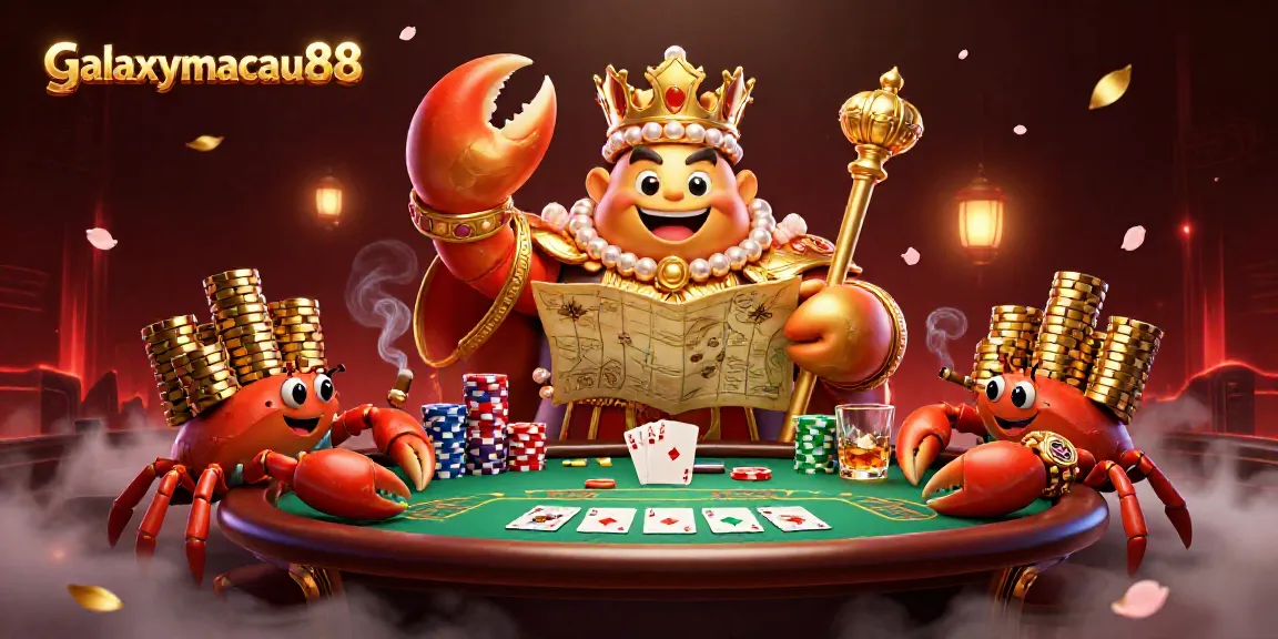 Experience the excitement of galaxymacau88 with the golden crab emperor presiding over a lively poker scene.