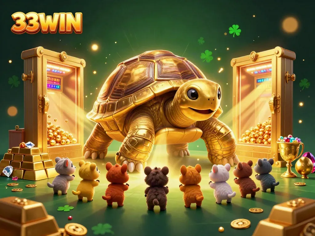 Engage in exciting gameplay at 33WIN featuring a golden tortoise pinball machine with treasures and gems.