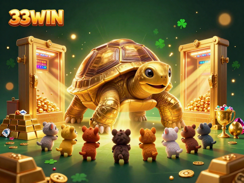 Engage in exciting gameplay at 33WIN featuring a golden tortoise pinball machine with treasures and gems.