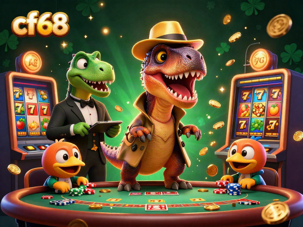 cf68 velociraptor card counter discreetly plays at a slot machine surrounded by gold coins.