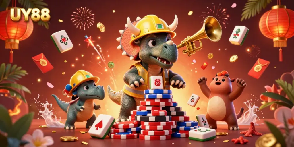 UY88 mang đến không gian cá cược vui vẻ, nơi triceratops và parasaurolophus tham gia xây dựng chồng chip poker.