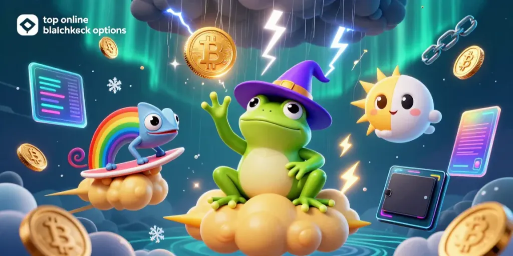 Experience top online blackjack options with a whimsical 3D illustration of a weather wizard frog and rainbow chameleon.