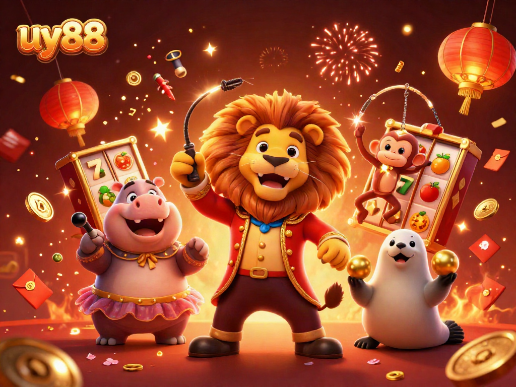 Experience the thrills of uy88 with a vibrant casino-themed illustration featuring animated characters and games.