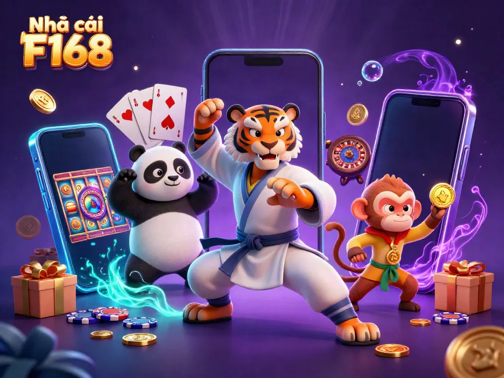 Experience gaming thrills with the dynamic scene of Nhà cái F168 featuring a kung fu tiger master and vibrant slot games.