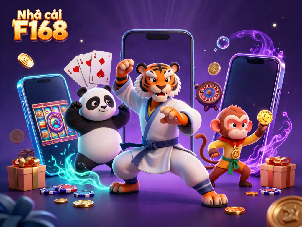 Experience gaming thrills with the dynamic scene of Nhà cái F168 featuring a kung fu tiger master and vibrant slot games.