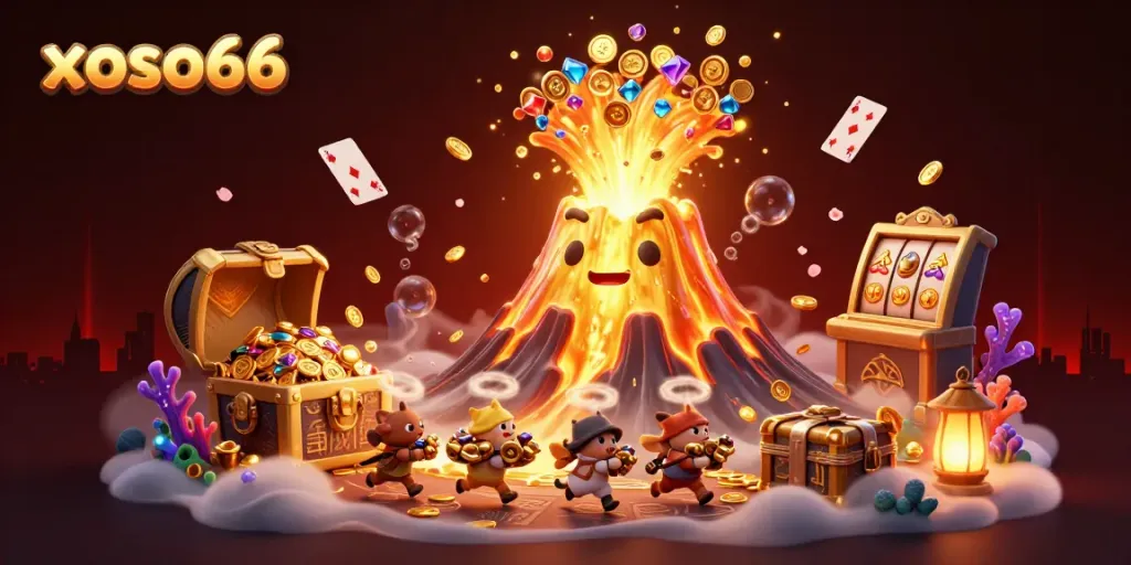 Spin winners at xoso66 as treasure erupts from a golden volcano in this vibrant casino scene.