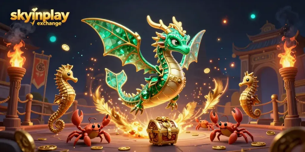 Engaging scene of skyinplay exchange with vibrant dragon, seahorses, and treasure chest, emphasizing dynamic betting atmosphere.