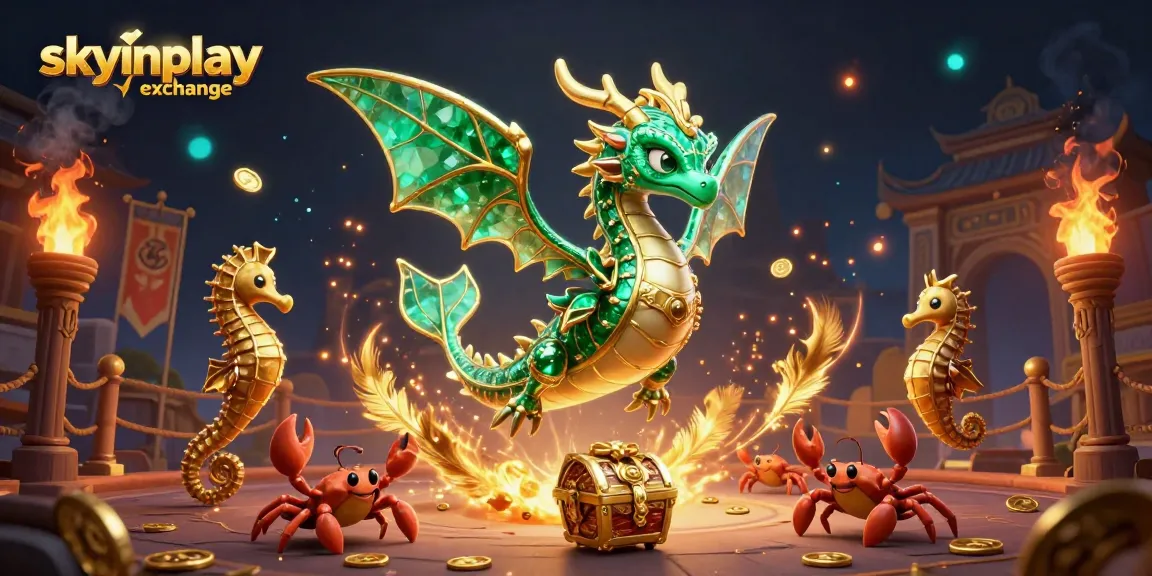 Engaging scene of skyinplay exchange with vibrant dragon, seahorses, and treasure chest, emphasizing dynamic betting atmosphere.