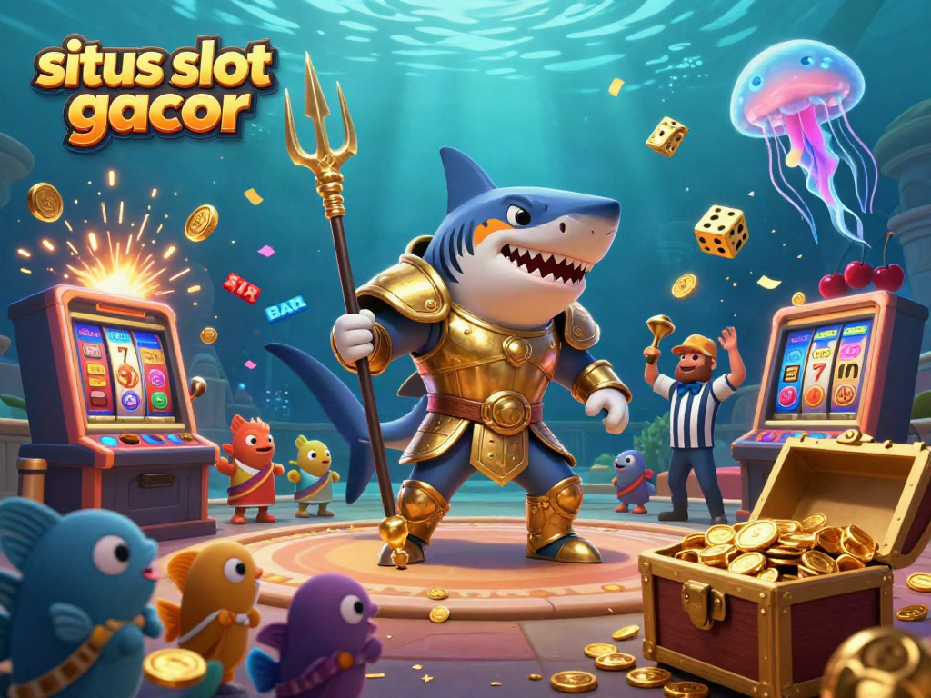 Sspin the reels and win with situs slot gacor illustration featuring a gladiator shark and jackpot symbols.