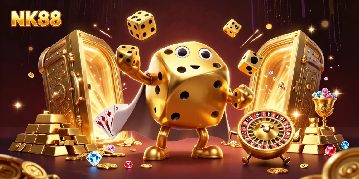 Experience the thrill of NK88 with lively golden dice characters and spectacular casino treasures.