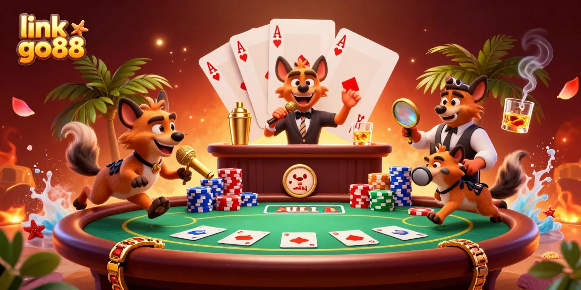 Hyenas perform in a lively casino scene at link go88, showcasing poker action and vibrant vibes.