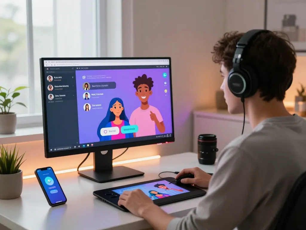 Dynamic user engaged in AI NSFW chat with interactive characters in a modern home office.