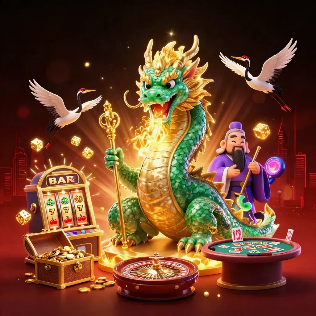 Jade dragon, turtle sage, and cranes amid casino magic, gold fire, treasure, and neon glow.