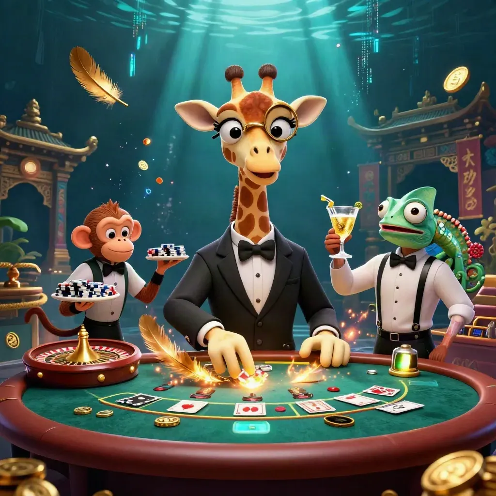 Giraffe, monkey valet, and chameleon bartender in a neon gold casino splash scene with treasure and rays