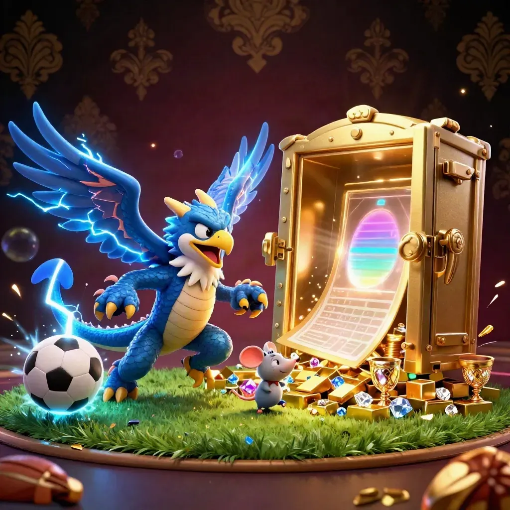 Thunder dragon, hawk and mouse burst through gold vault, sports balls and casino glow
