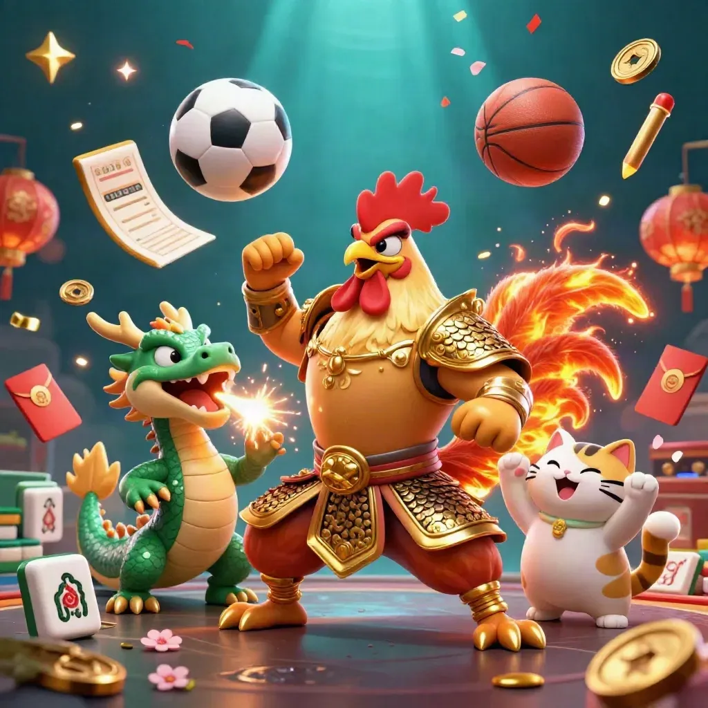 Rooster samurai, dragon hatchling, lucky cat amid casino icons and glowing sports balls.