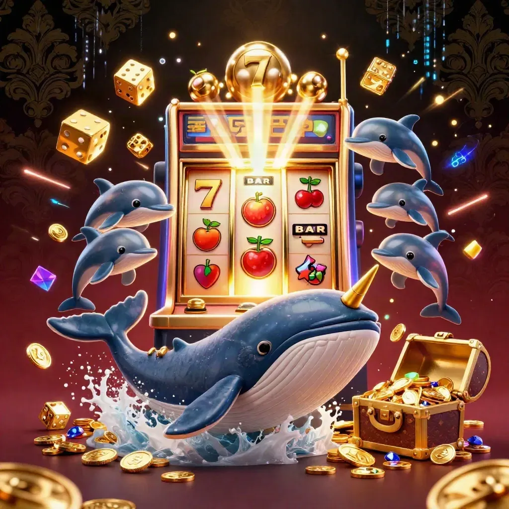 Whale captain, narwhal, and dolphins burst through coins beside a jackpot slot machine
