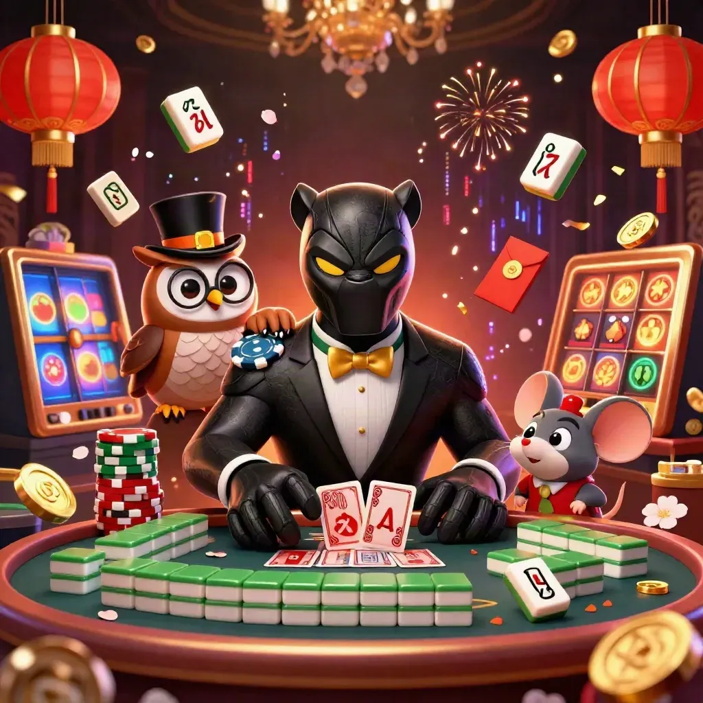 Black panther, owl, and mouse casino heroes amid gold magic, chips, lanterns, and glowing game fragments.