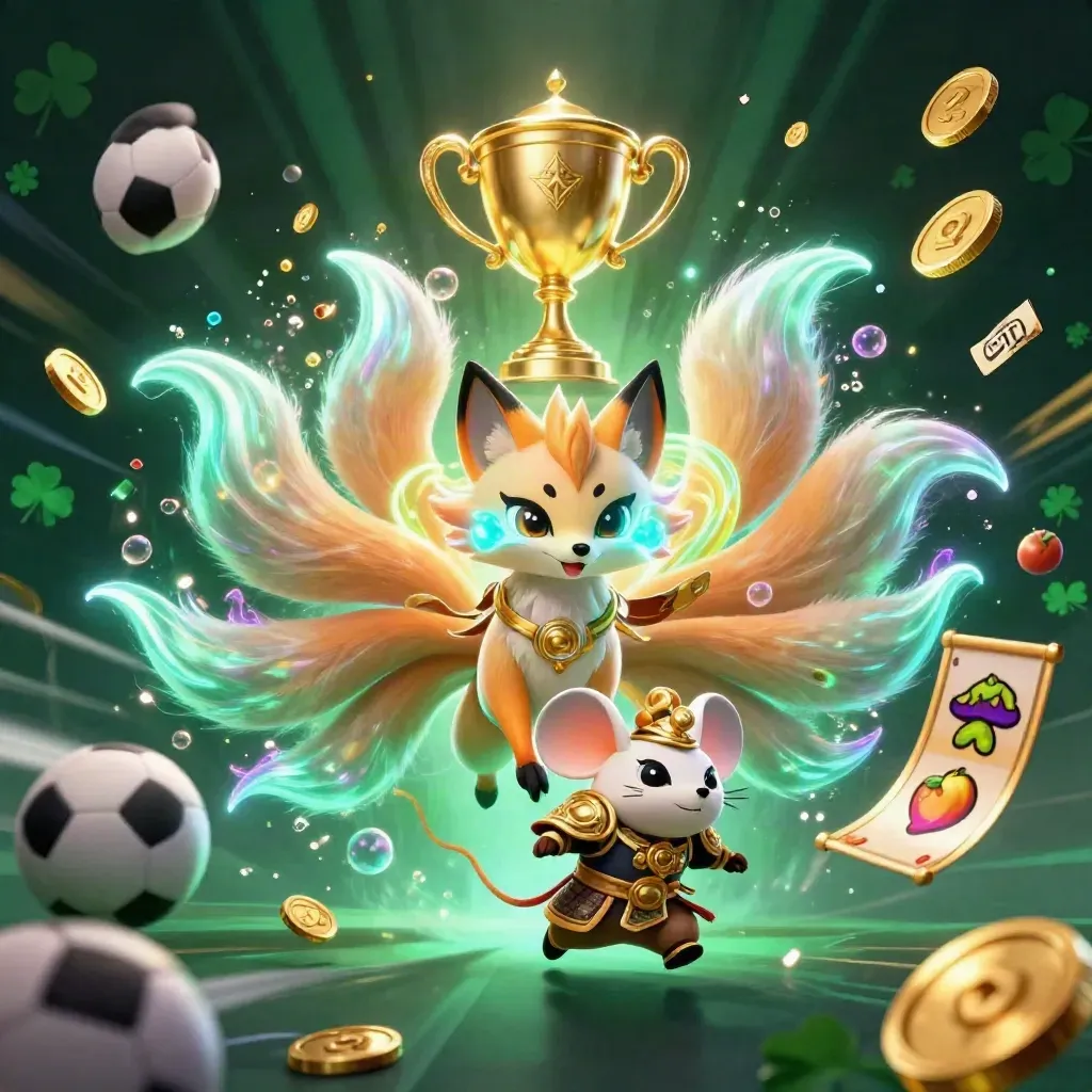 Nine-tailed fox spirit and golden samurai mouse amid sports balls, trophies, coins, and neon casino glow.