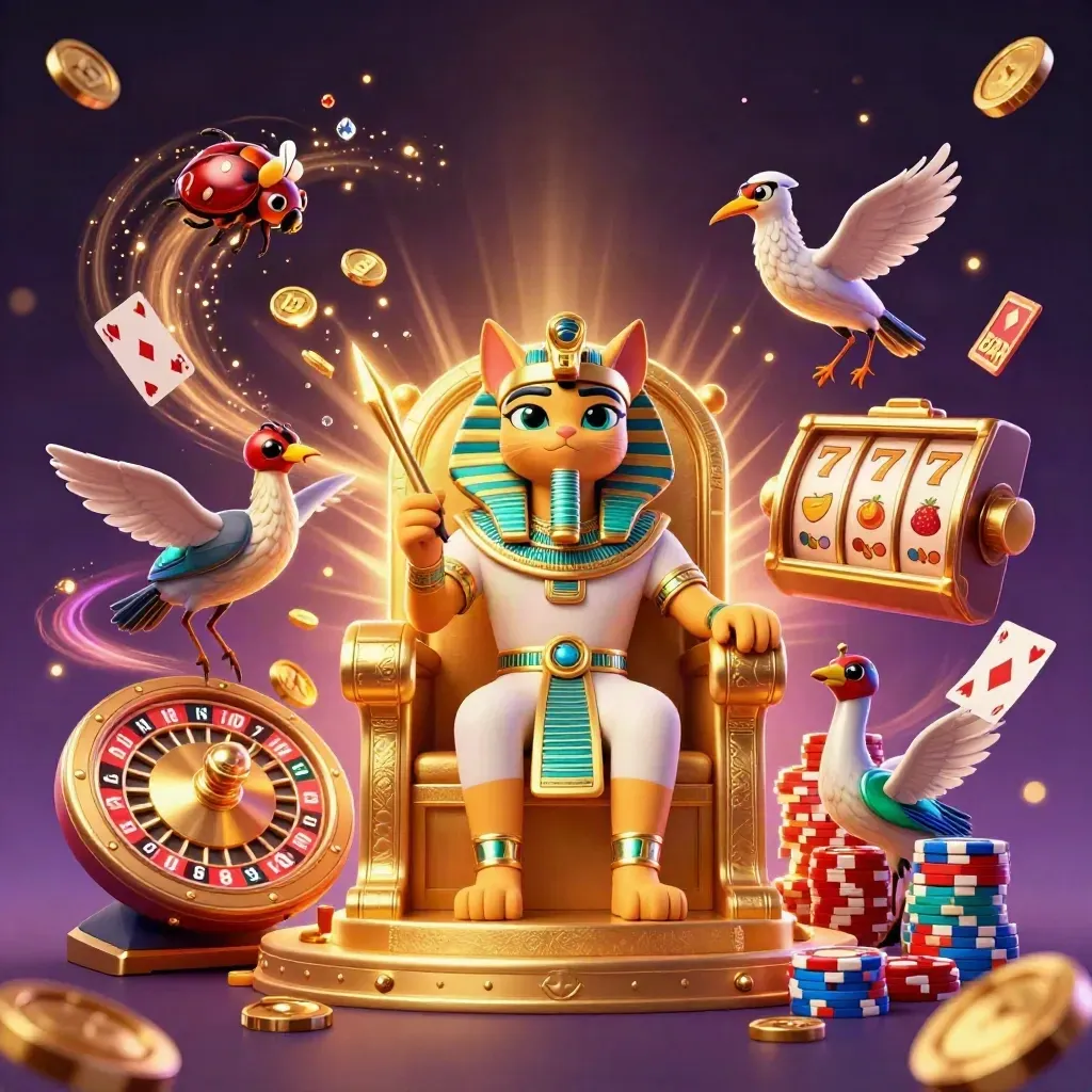 Pharaoh cat, ibis scribe, and gem-wing scarabs amid casino treasure bursts