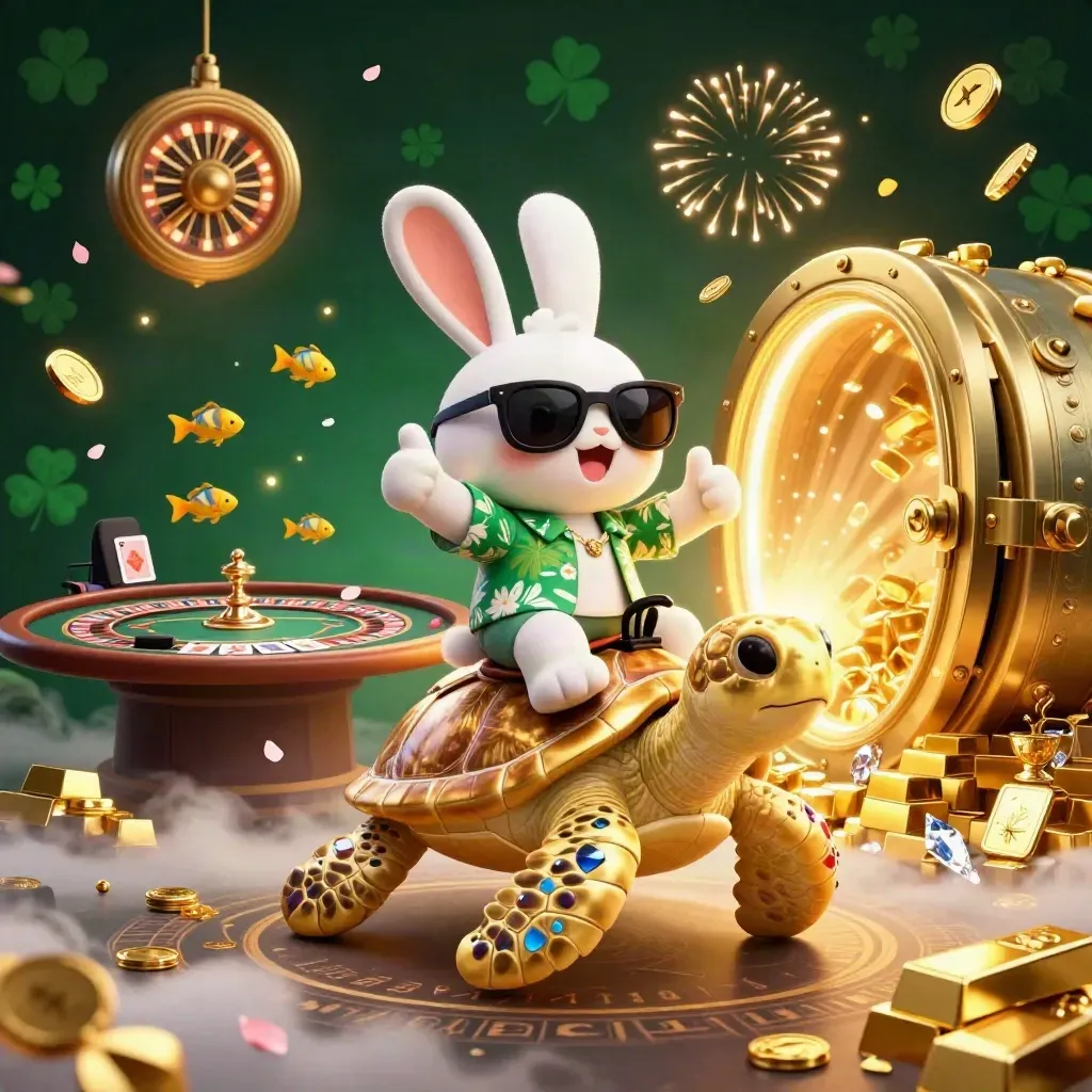 Lucky rabbit on a golden sea turtle amid vault riches, coins, and casino glow.