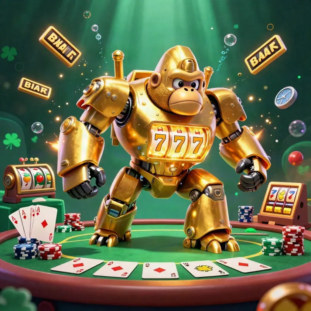 Golden gorilla mech with tiny monkey pilot amid chips, cards, and glowing casino magic.