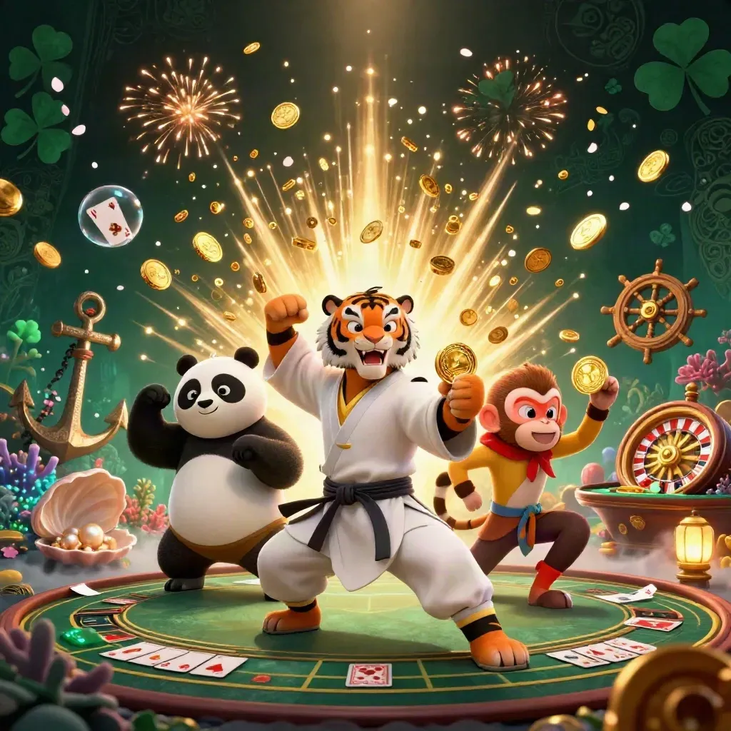 Tiger, panda, and monkey in a casino treasure burst with coins, fireworks, and ocean loot