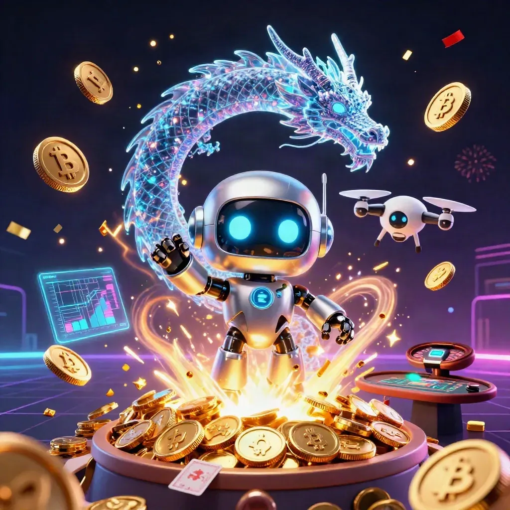 Cyberpunk robot, holographic dragon, and coin drone amid vault burst, coins, and fireworks