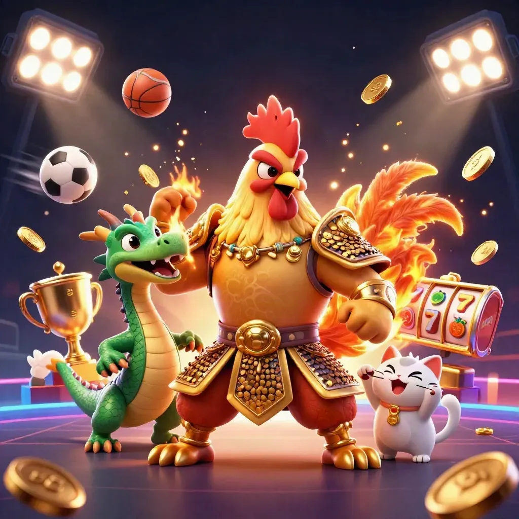 Rooster warrior, dragon hatchling, and fortune-cat amid casino lights, balls, coins, and slot reels.