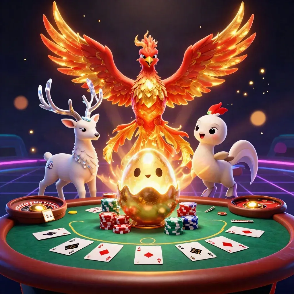 Phoenix, baby phoenix, and stag amid casino chips, cards, and glowing lights on dark neon background.