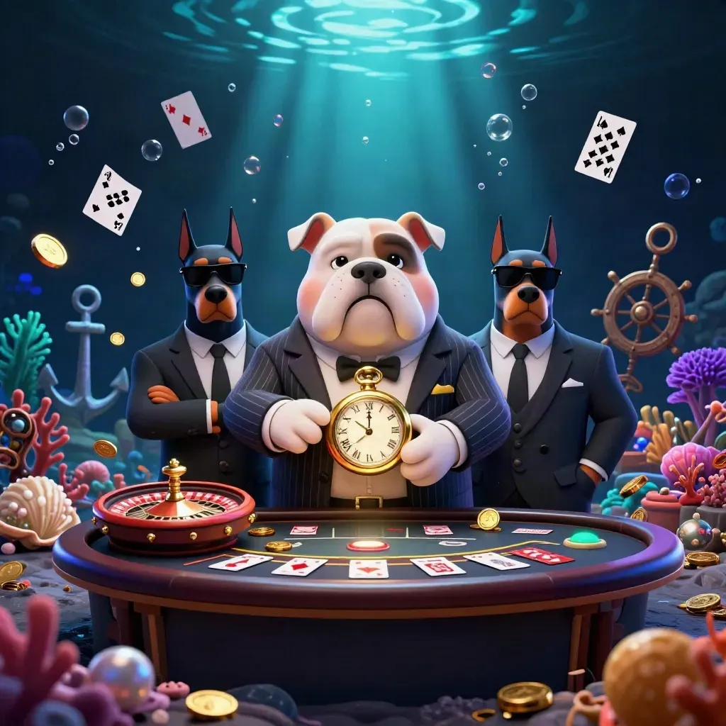 Bulldog mafia boss with two Dobermans amid coins, coral, roulette, and glowing underwater treasures.