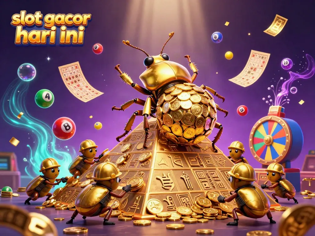 Engage in the vibrant world of slot gacor hari ini illustrated with dynamic golden beetles, casino symbols, and energetic elements.