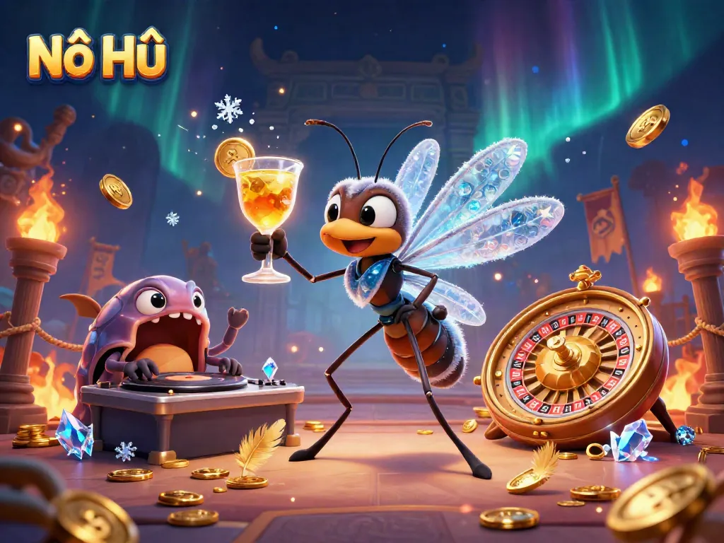 Engaging Nổ Hũ casino mascot scene featuring a mosquito holding a cocktail, trilobite DJ, and a golden roulette wheel.