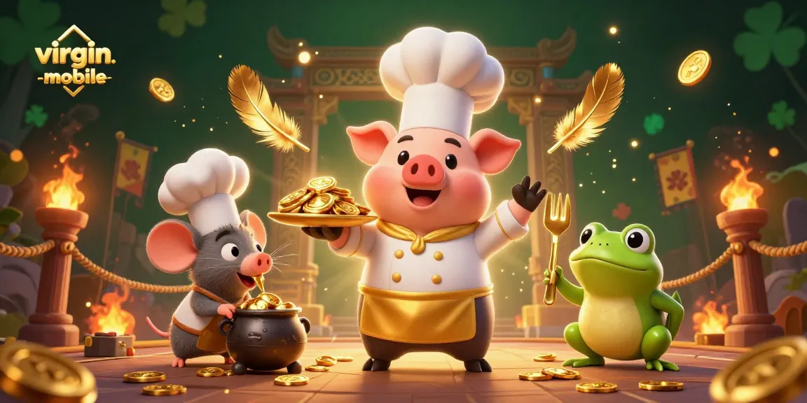 Experience a lively casino atmosphere with virgin-mobile as a cartoon chef pig serves gold coins in this vibrant illustration