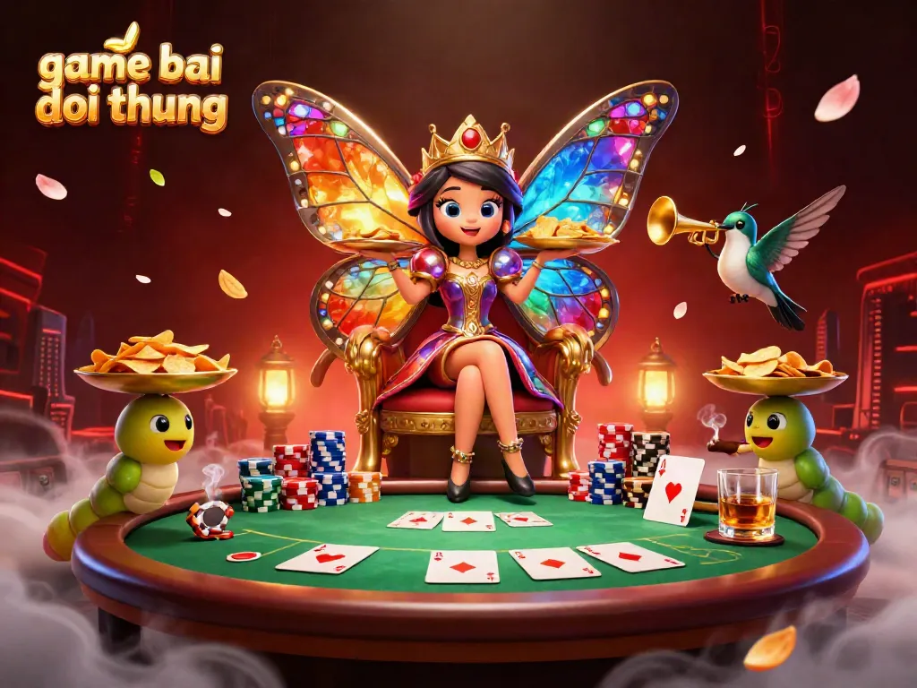 Engaging illustration showcasing game bai doi thuong with vibrant casino elements, poker tables, and colorful characters.