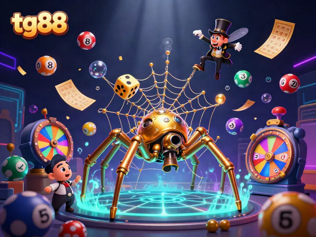 Engage in exciting gambling action at tg88 with a dynamic 3D scene full of gaming and lottery elements.