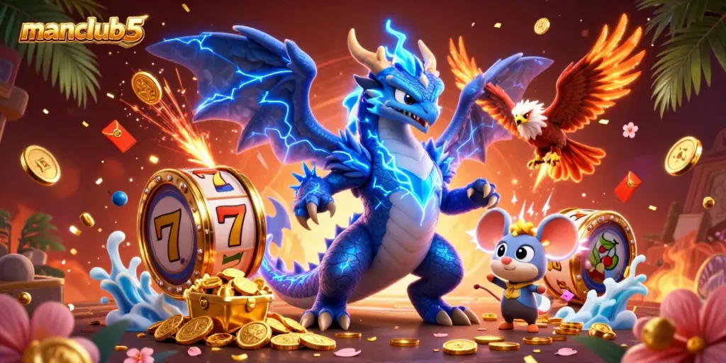 Win big at manclub5 with exciting slot reels, lightning effects, and dynamic characters.
