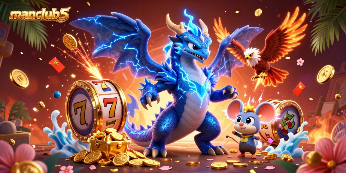 Win big at manclub5 with exciting slot reels, lightning effects, and dynamic characters.