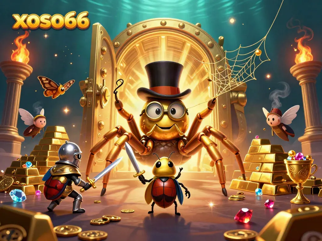 Experience thrilling gameplay with xoso66 in this vibrant 3D digital art showcasing a cartoon tarantula weaving golden threads amidst treasures.