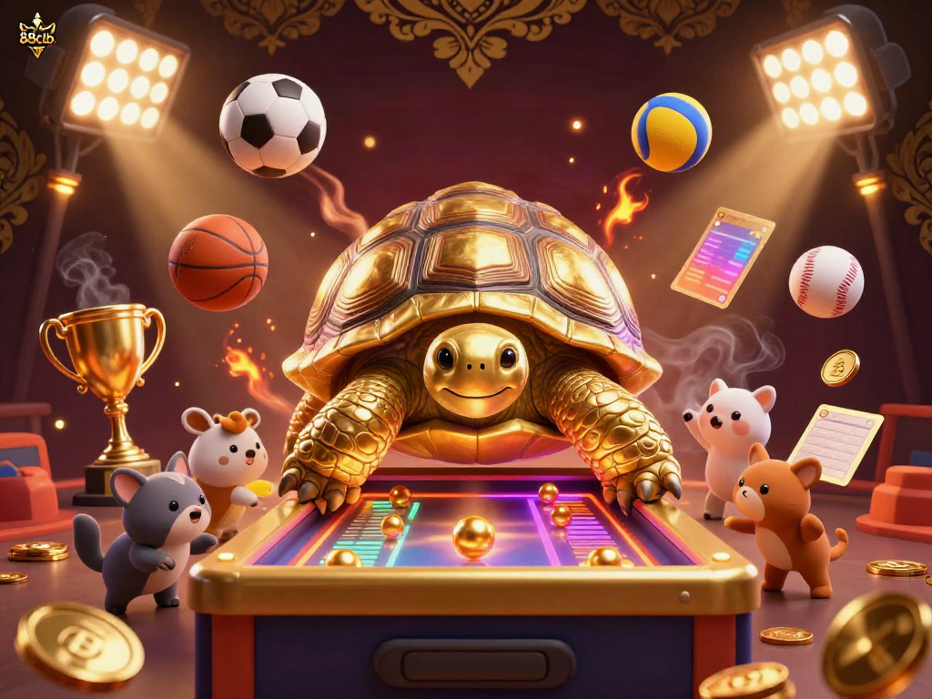 Experience the excitement of 88clb with a vibrant scene featuring a golden tortoise pinball machine amidst dynamic sports elements and colorful characters.