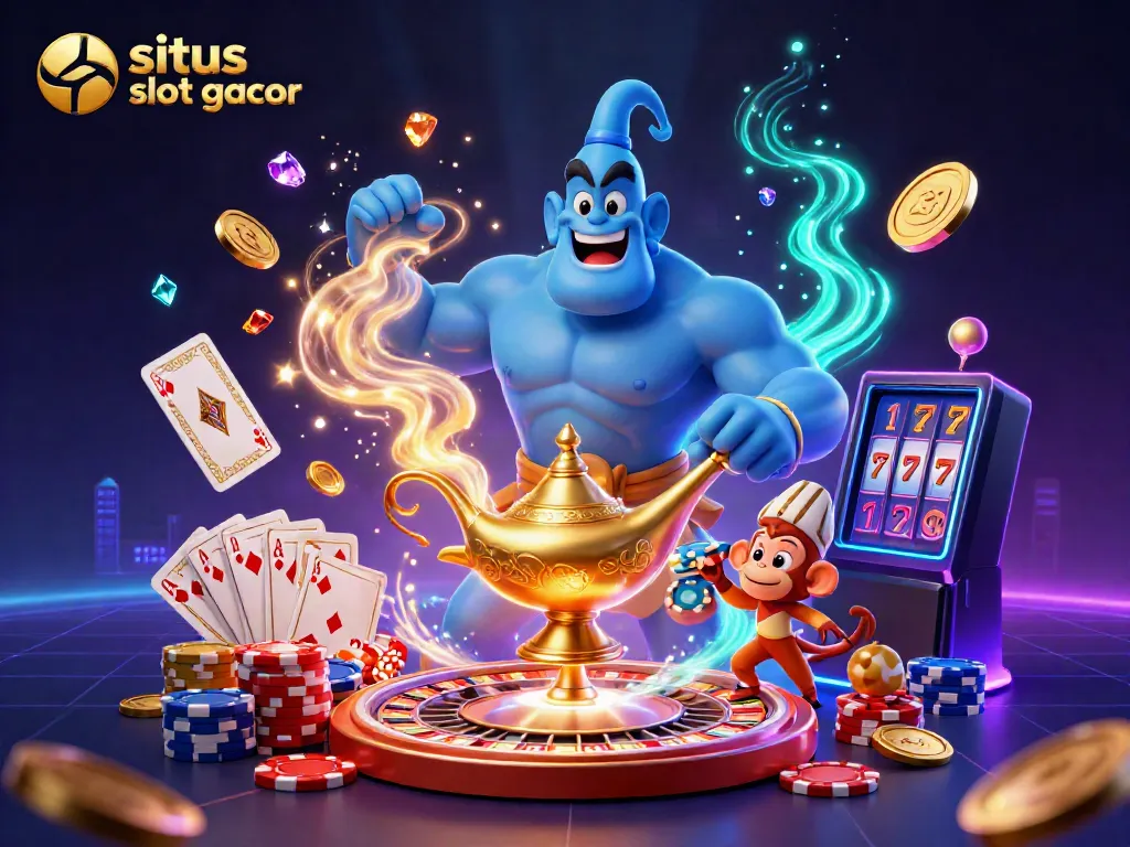 Experience stunning slots with situs slot gacor through a magical 3D scene of genie and poker elements.