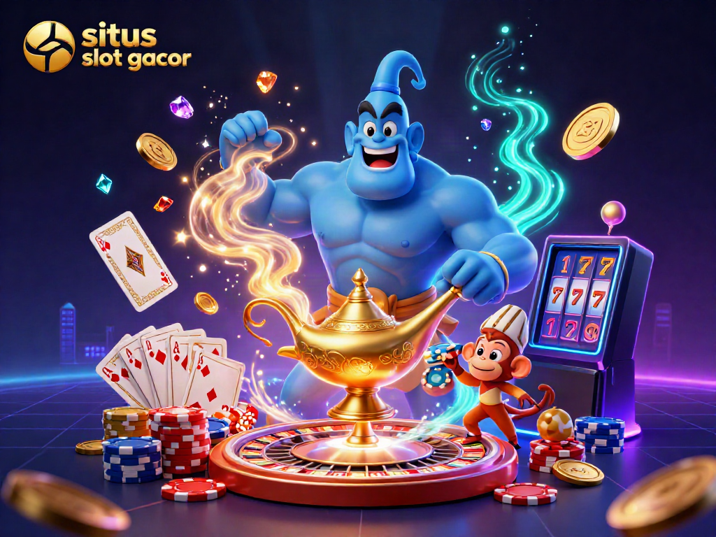 Experience stunning slots with situs slot gacor through a magical 3D scene of genie and poker elements.