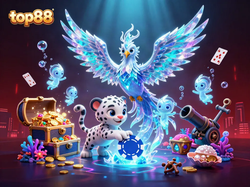 Experience vibrant gameplay with top88 as an ice phoenix and snow leopard cub shine in this dynamic casino scene.