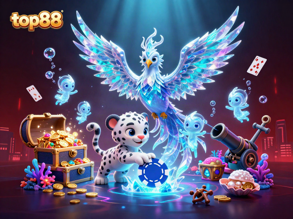 Experience vibrant gameplay with top88 as an ice phoenix and snow leopard cub shine in this dynamic casino scene.